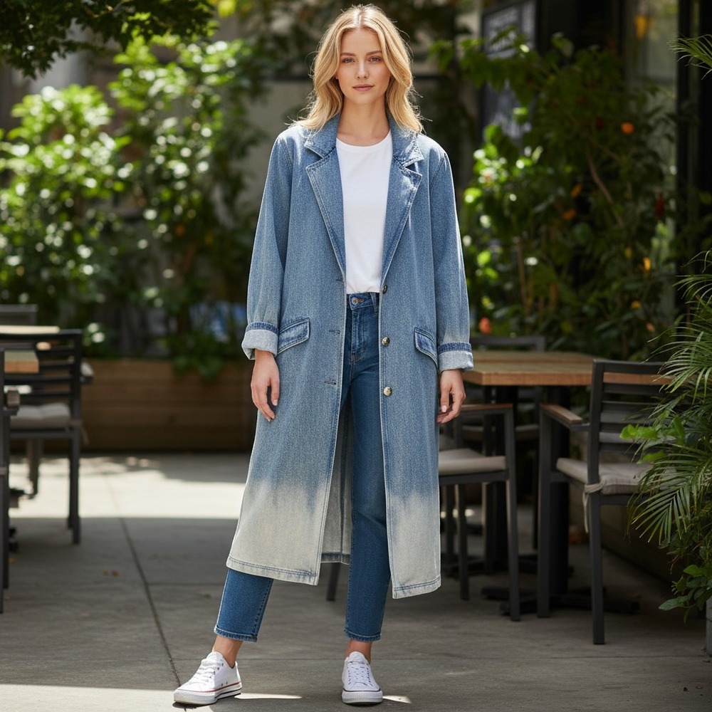 Royalty‎ by Maluma Unisex M Medium Denim Duster Trench Coat Blue Ombre